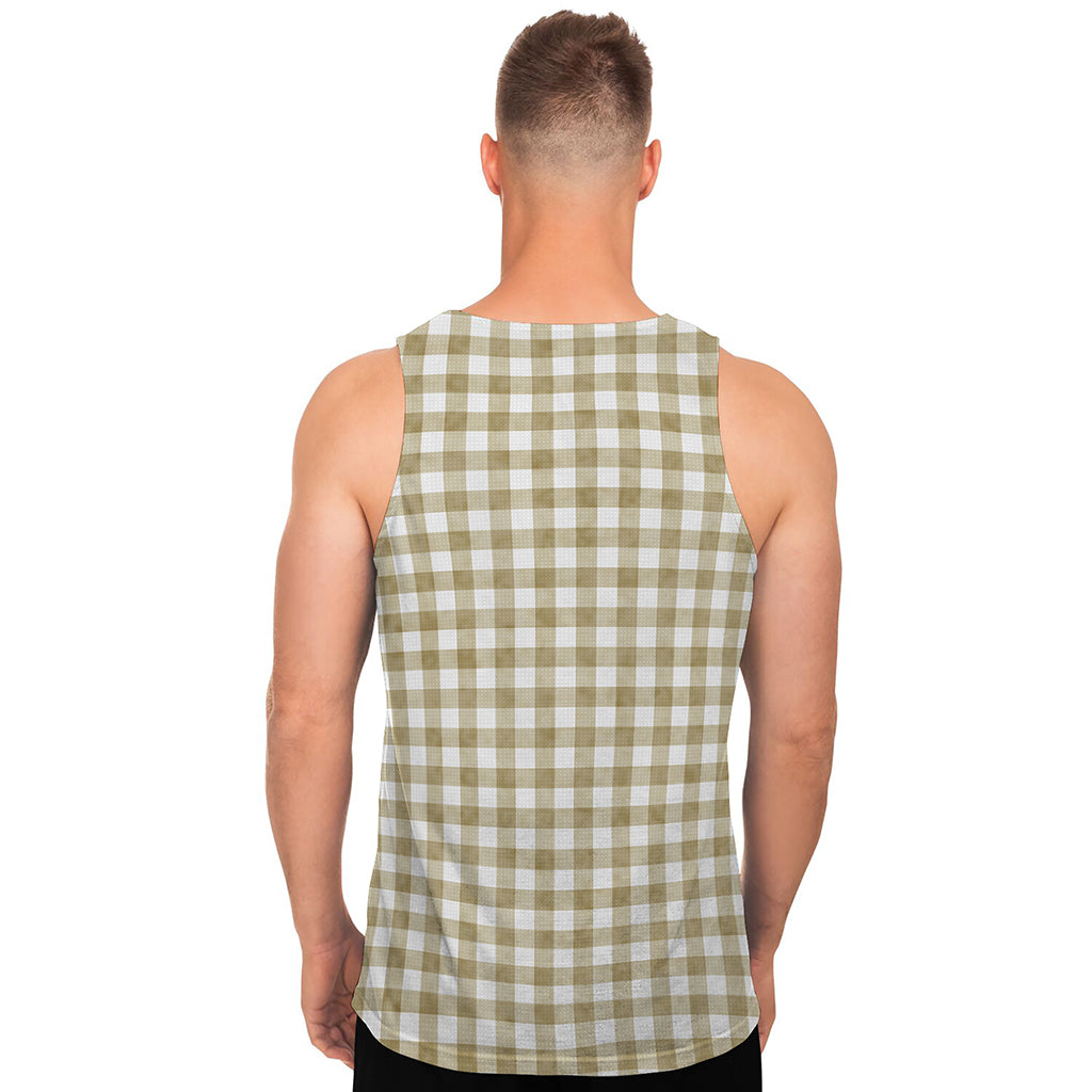 Beige And White Gingham Pattern Print Men's Tank Top