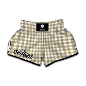 Beige And White Gingham Pattern Print Muay Thai Boxing Shorts