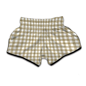 Beige And White Gingham Pattern Print Muay Thai Boxing Shorts