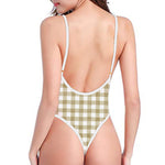 Beige And White Gingham Pattern Print One Piece High Cut Swimsuit