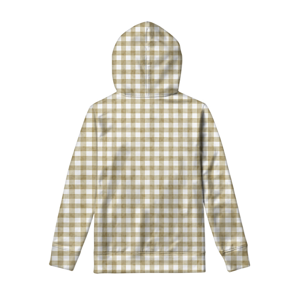 Beige And White Gingham Pattern Print Pullover Hoodie