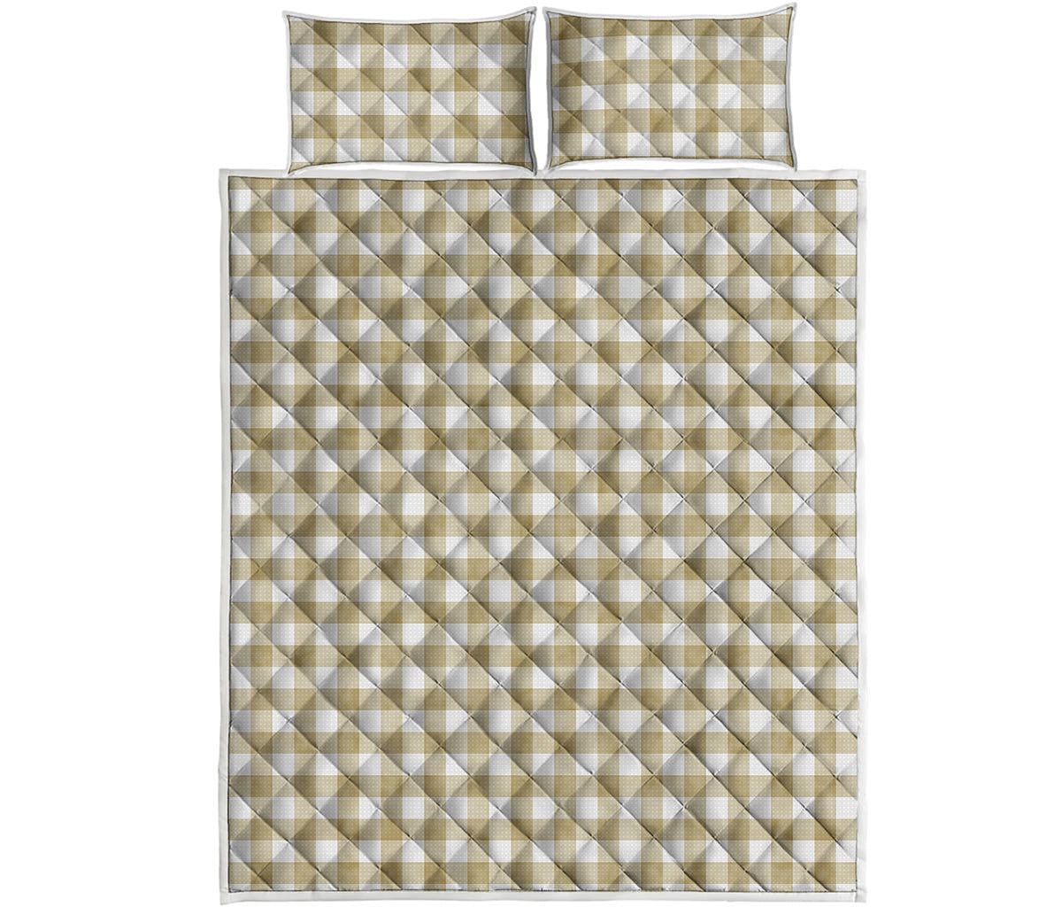 Beige And White Gingham Pattern Print Quilt Bed Set