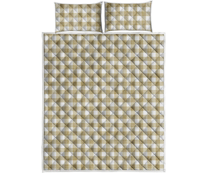 Beige And White Gingham Pattern Print Quilt Bed Set