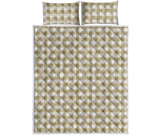 Beige And White Gingham Pattern Print Quilt Bed Set