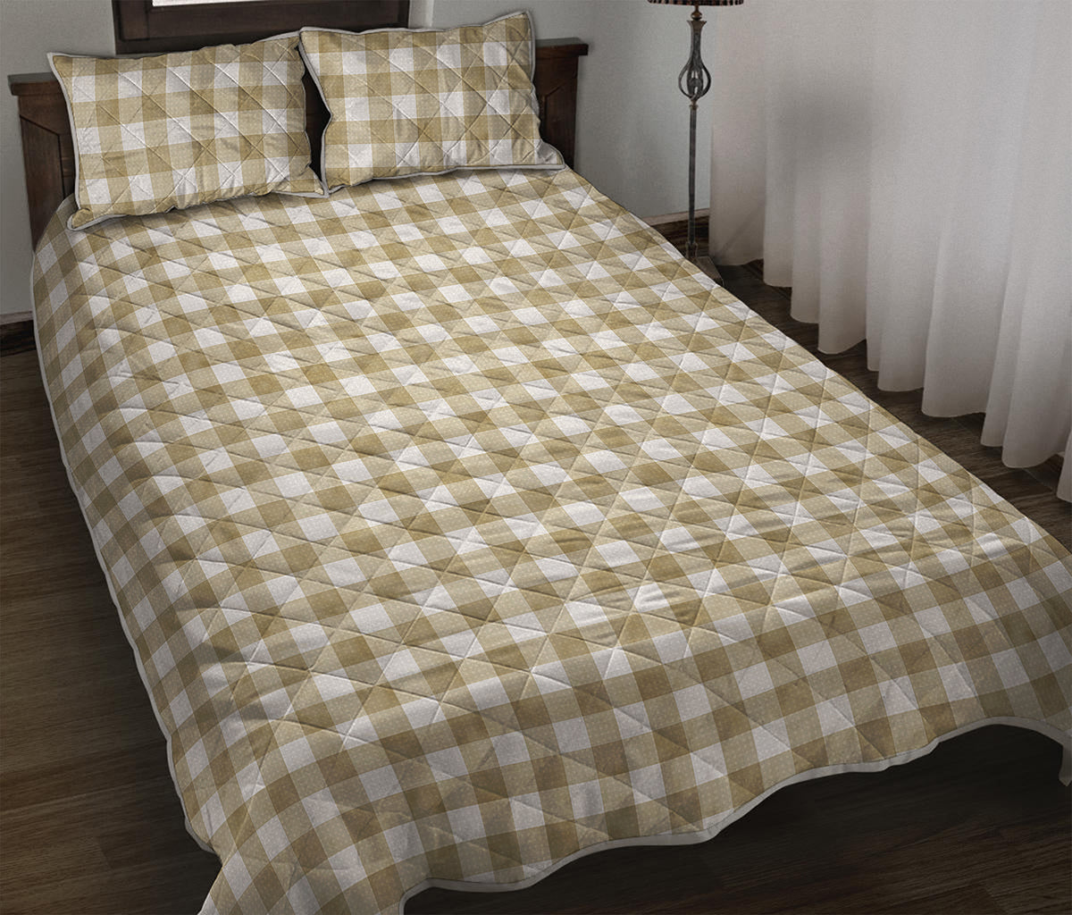 Beige And White Gingham Pattern Print Quilt Bed Set