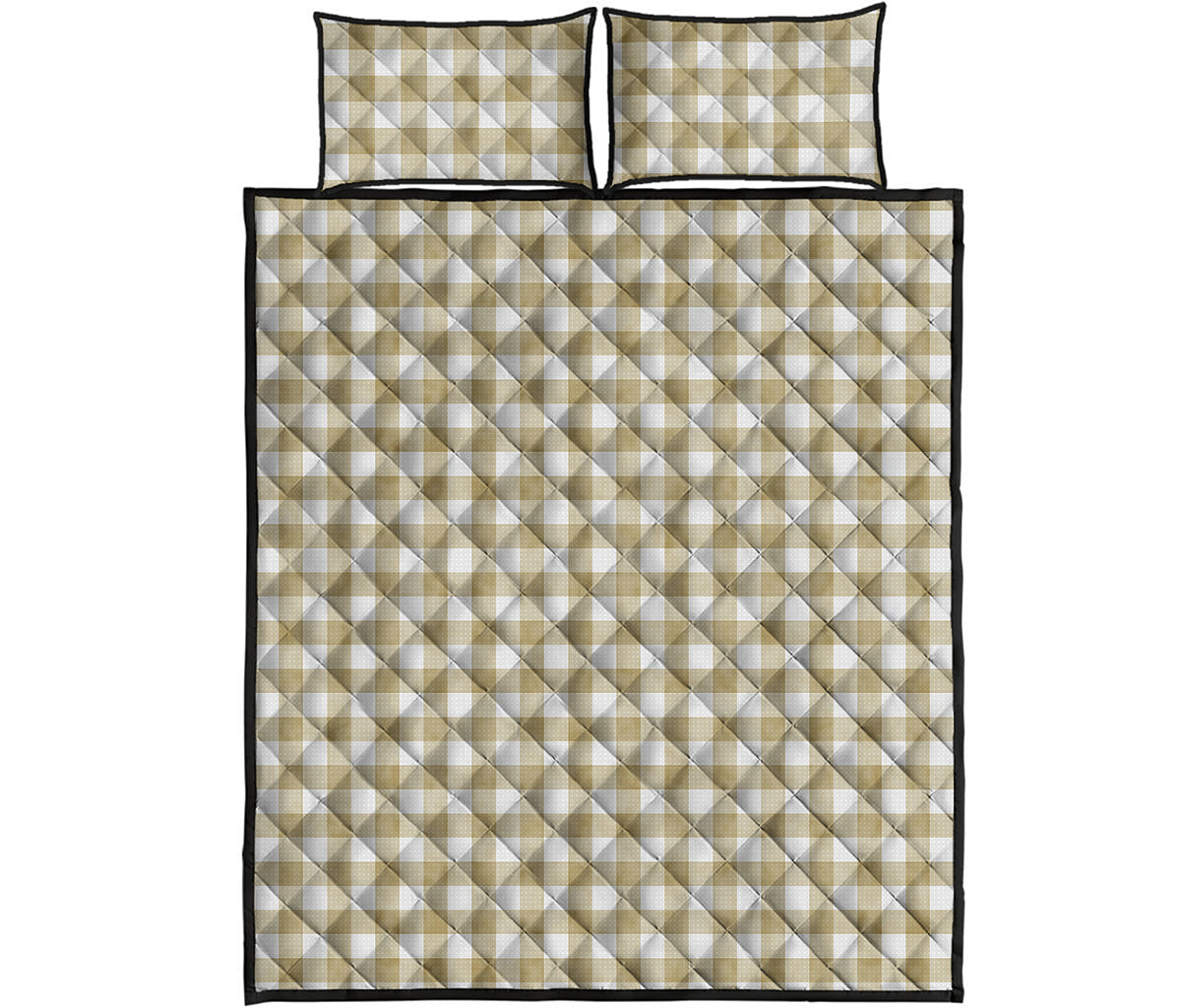 Beige And White Gingham Pattern Print Quilt Bed Set
