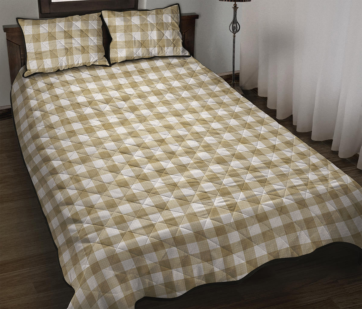 Beige And White Gingham Pattern Print Quilt Bed Set