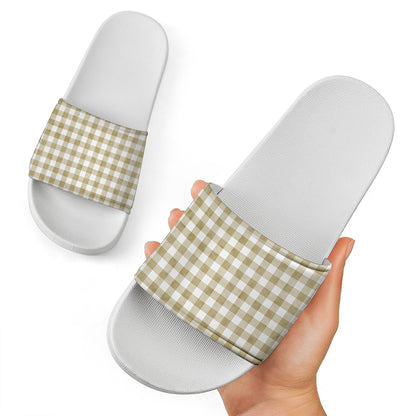Beige And White Gingham Pattern Print White Slide Sandals