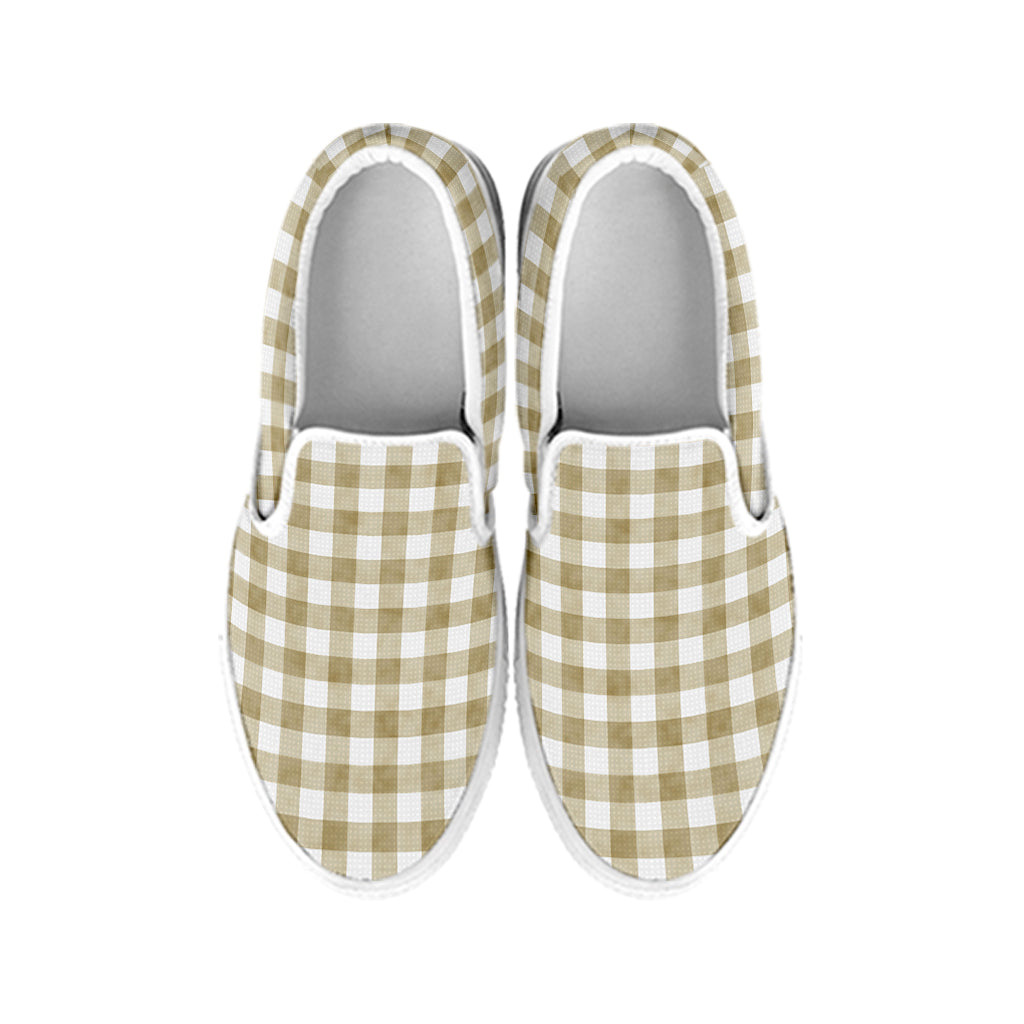Beige And White Gingham Pattern Print White Slip On Shoes