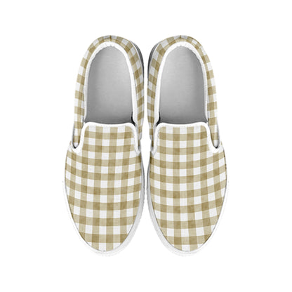Beige And White Gingham Pattern Print White Slip On Shoes