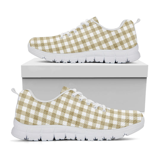 Beige And White Gingham Pattern Print White Sneakers
