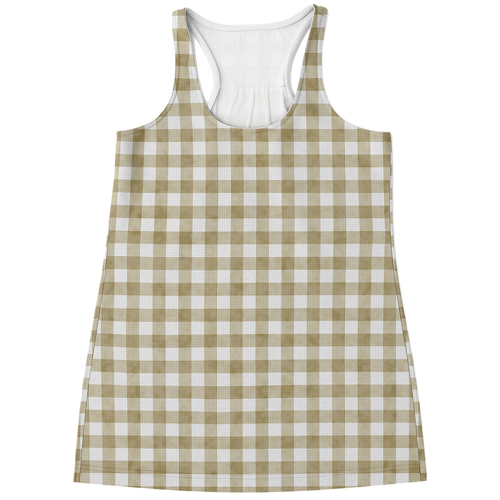 Beige And White Gingham Pattern Print Women's Racerback Tank Top
