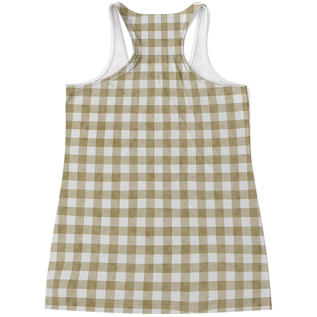 Beige And White Gingham Pattern Print Women's Racerback Tank Top
