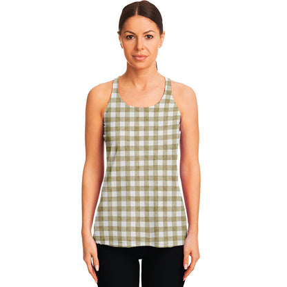 Beige And White Gingham Pattern Print Women's Racerback Tank Top