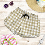 Beige And White Gingham Pattern Print Women's Shorts