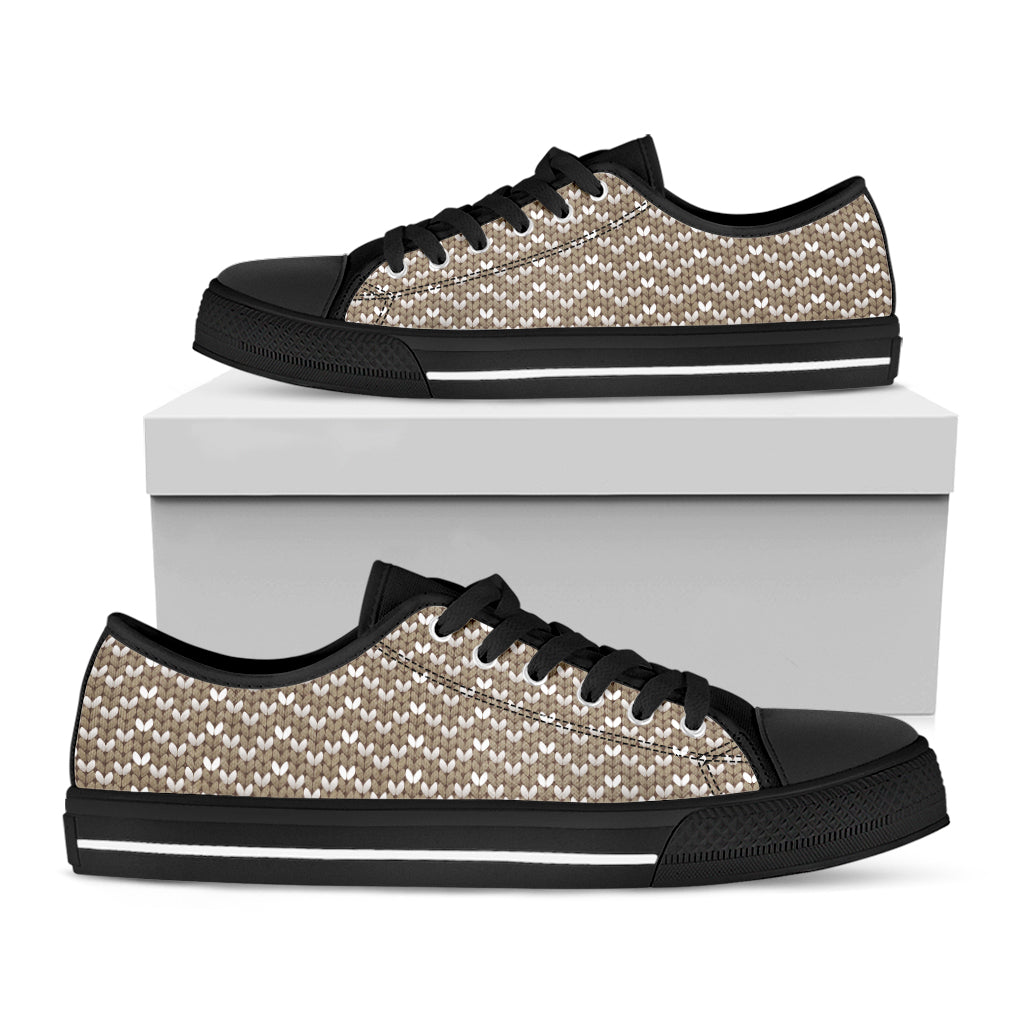 Beige And White Knitted Pattern Print Black Low Top Shoes