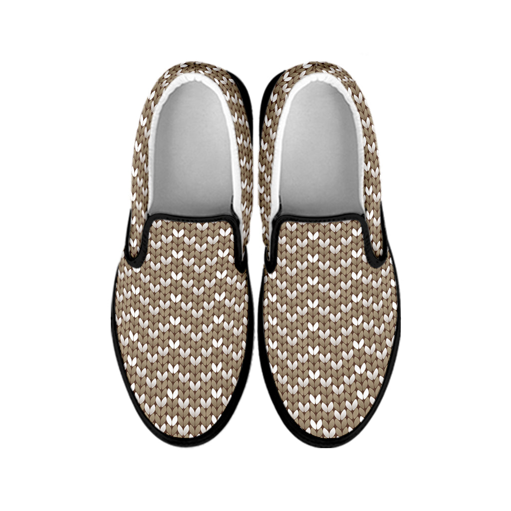 Beige And White Knitted Pattern Print Black Slip On Shoes