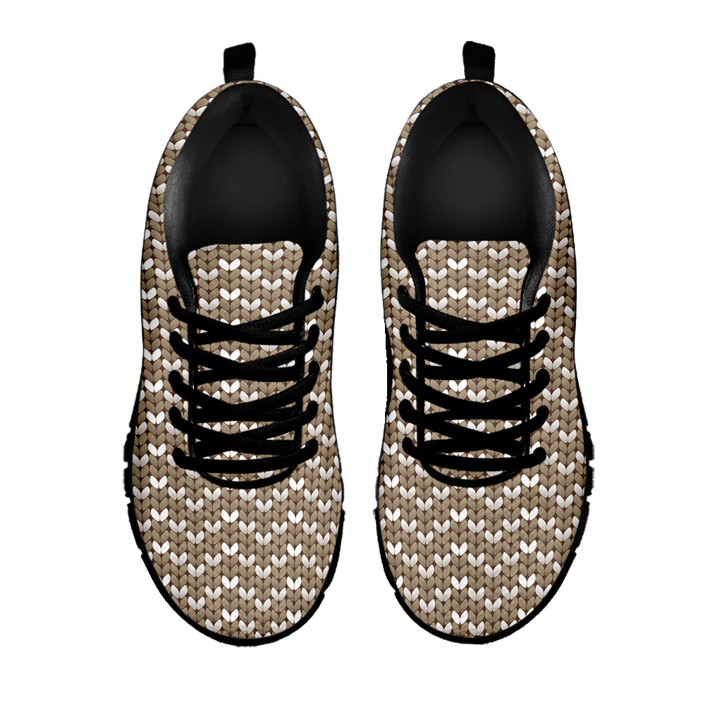 Beige And White Knitted Pattern Print Black Sneakers