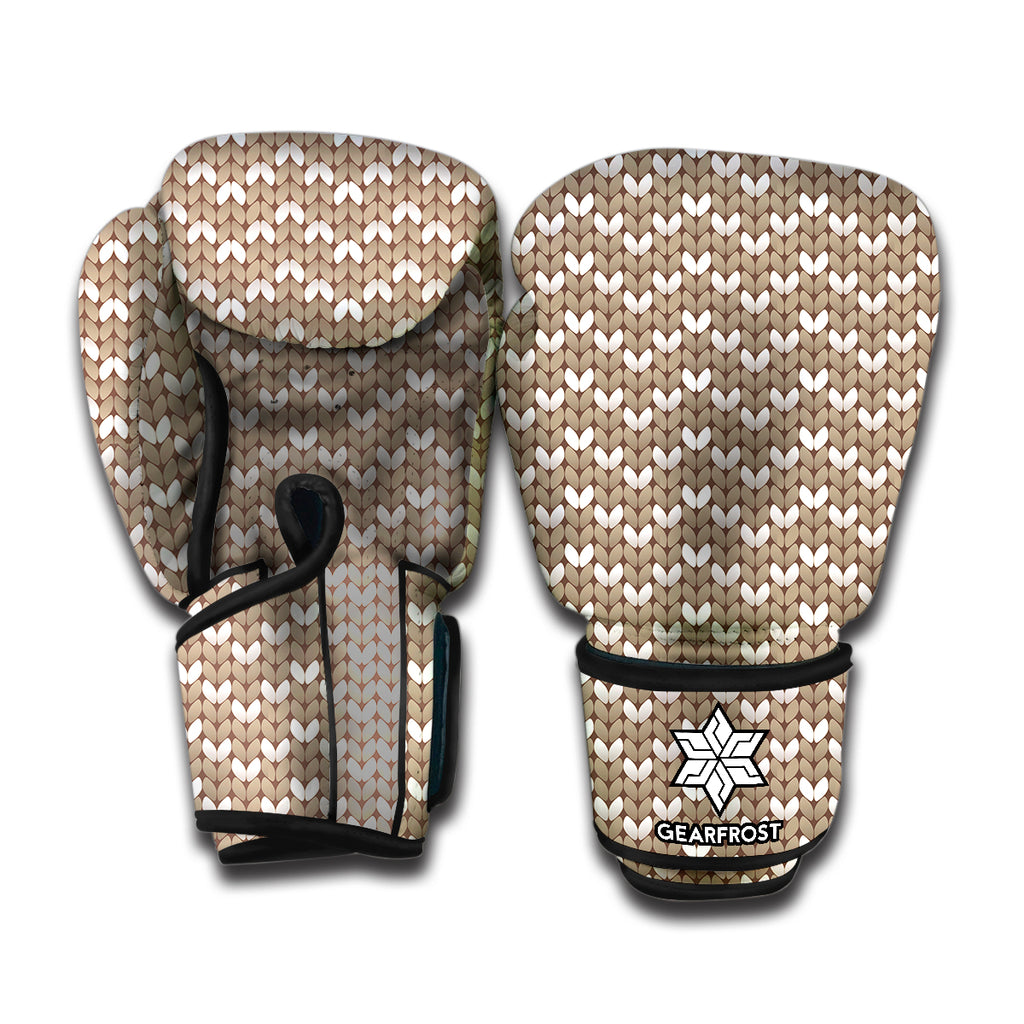 Beige And White Knitted Pattern Print Boxing Gloves