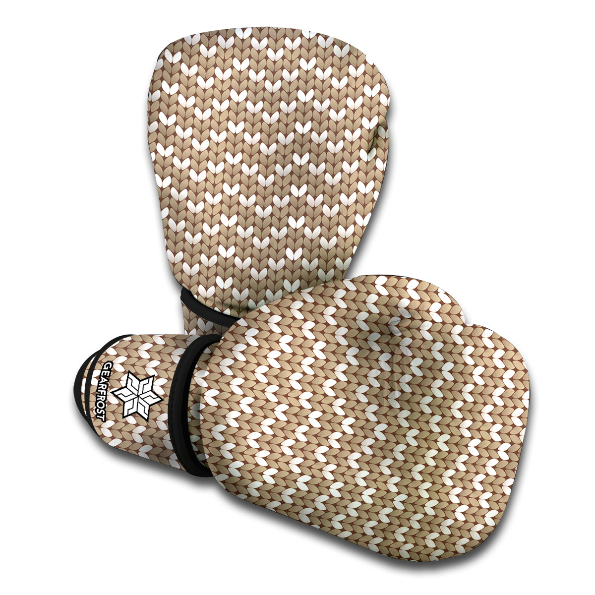 Beige And White Knitted Pattern Print Boxing Gloves