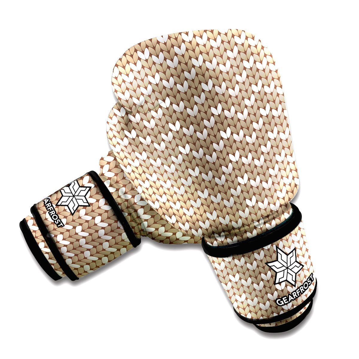 Beige And White Knitted Pattern Print Boxing Gloves