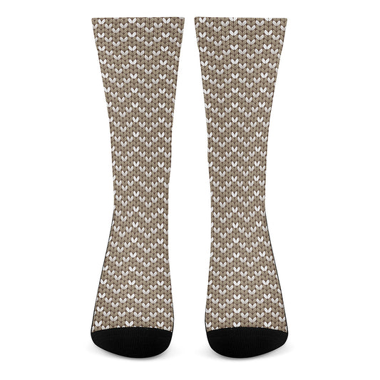 Beige And White Knitted Pattern Print Crew Socks