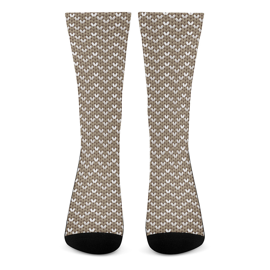 Beige And White Knitted Pattern Print Crew Socks