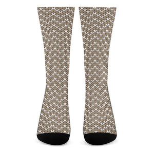 Beige And White Knitted Pattern Print Crew Socks