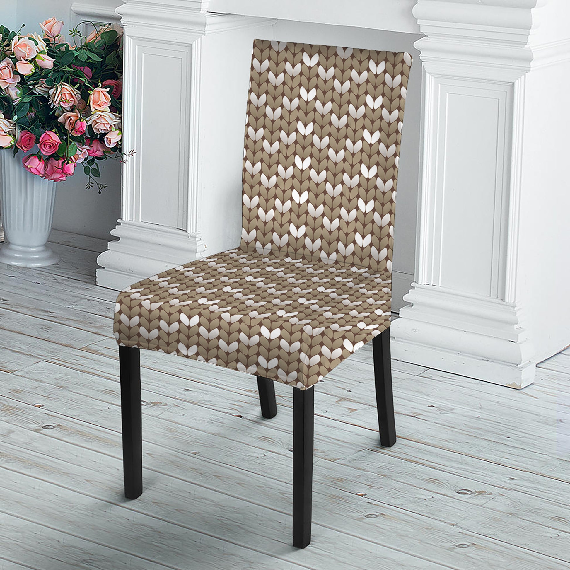 Beige And White Knitted Pattern Print Dining Chair Slipcover