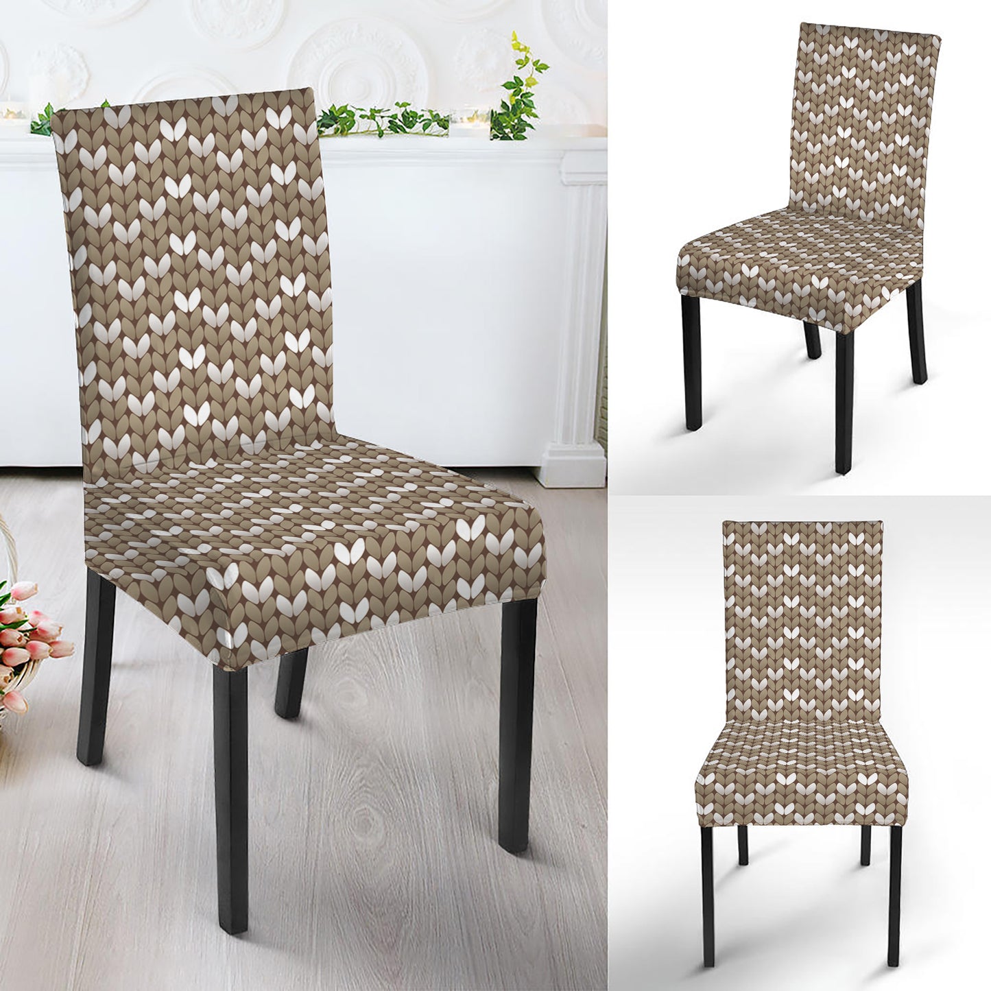 Beige And White Knitted Pattern Print Dining Chair Slipcover