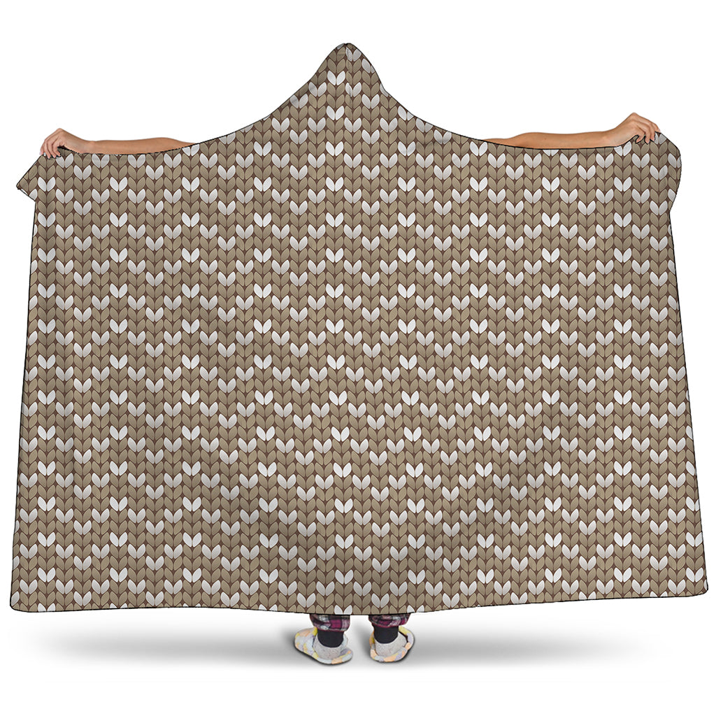 Beige And White Knitted Pattern Print Hooded Blanket
