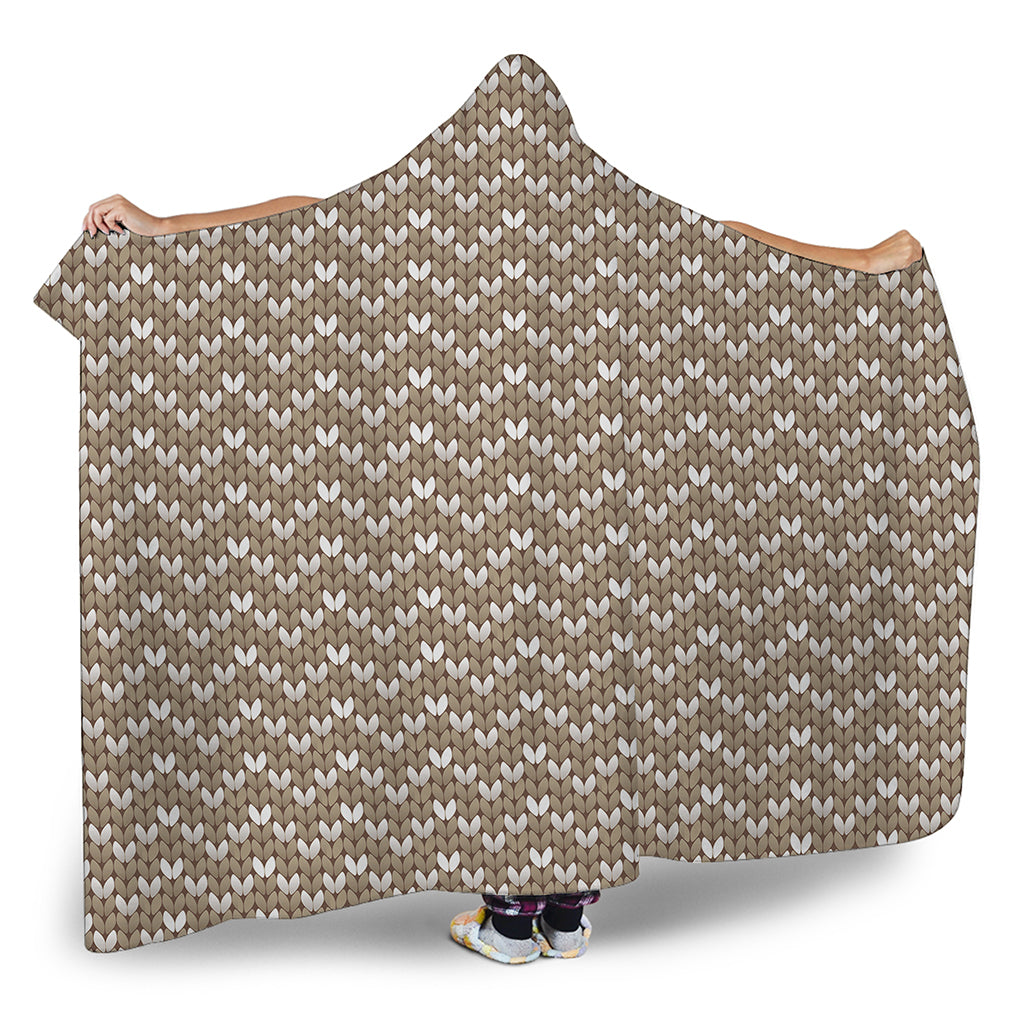 Beige And White Knitted Pattern Print Hooded Blanket
