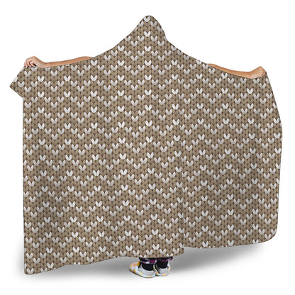 Beige And White Knitted Pattern Print Hooded Blanket