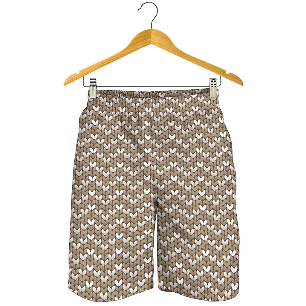 Beige And White Knitted Pattern Print Men's Shorts