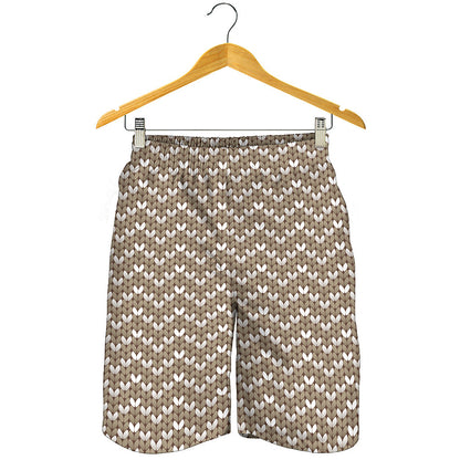 Beige And White Knitted Pattern Print Men's Shorts