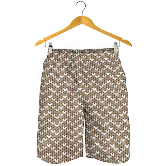 Beige And White Knitted Pattern Print Men's Shorts