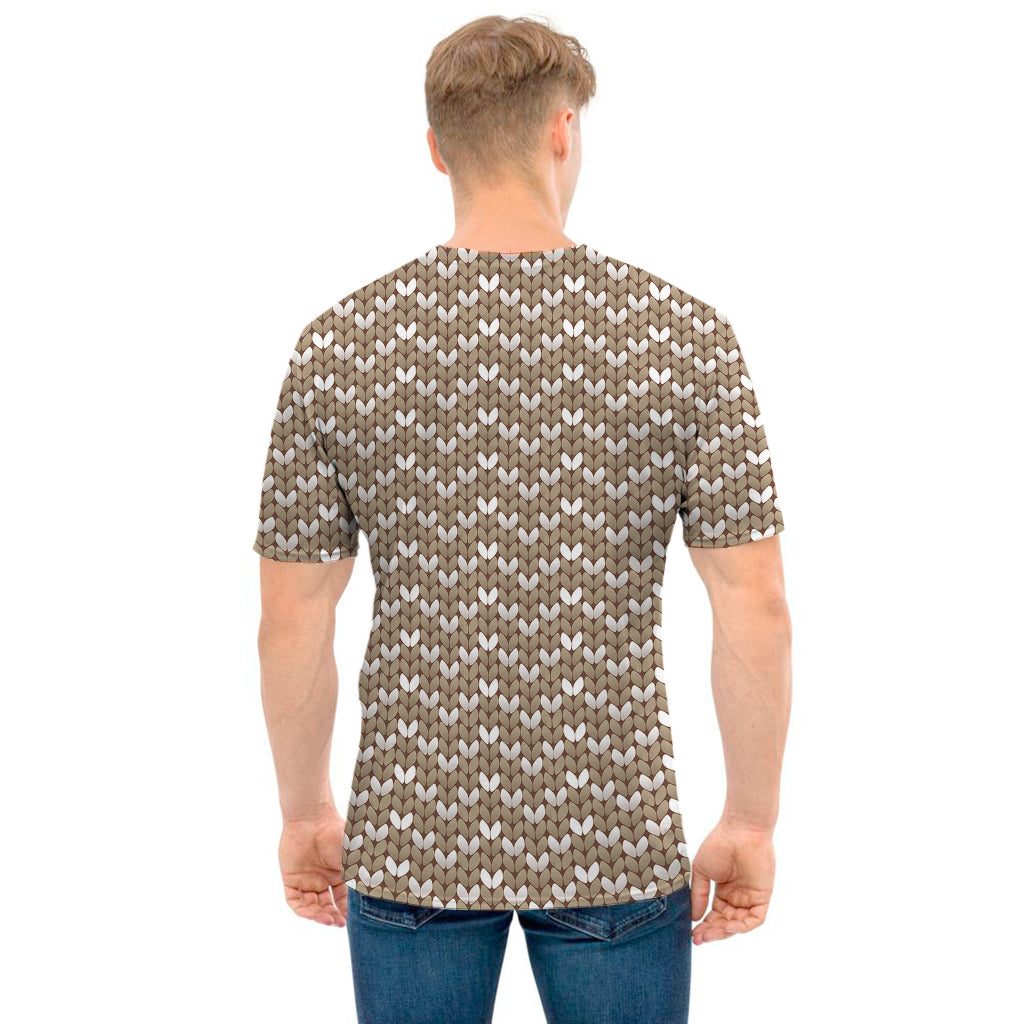 Beige And White Knitted Pattern Print Men's T-Shirt