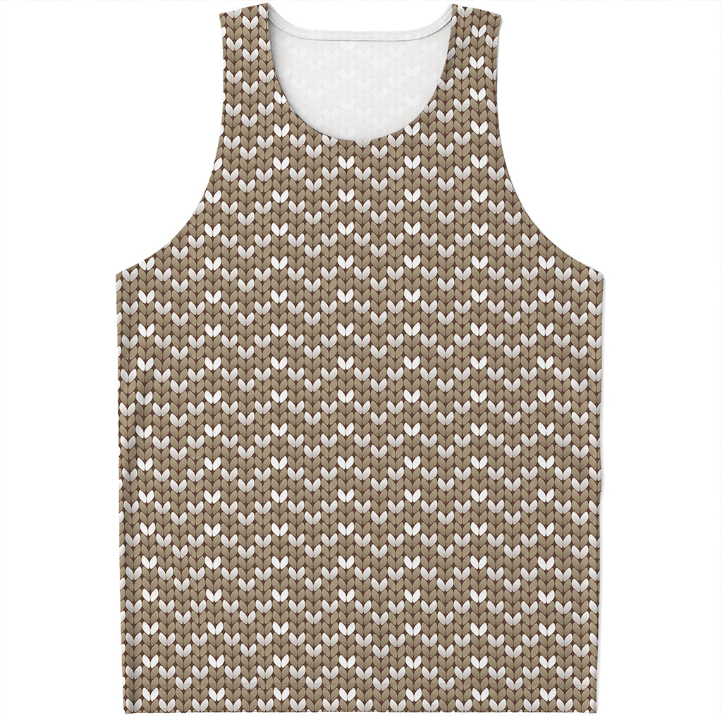 Beige And White Knitted Pattern Print Men's Tank Top