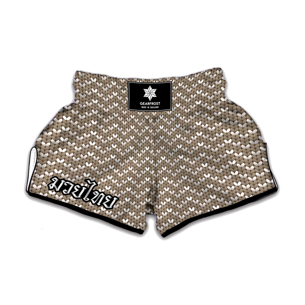Beige And White Knitted Pattern Print Muay Thai Boxing Shorts