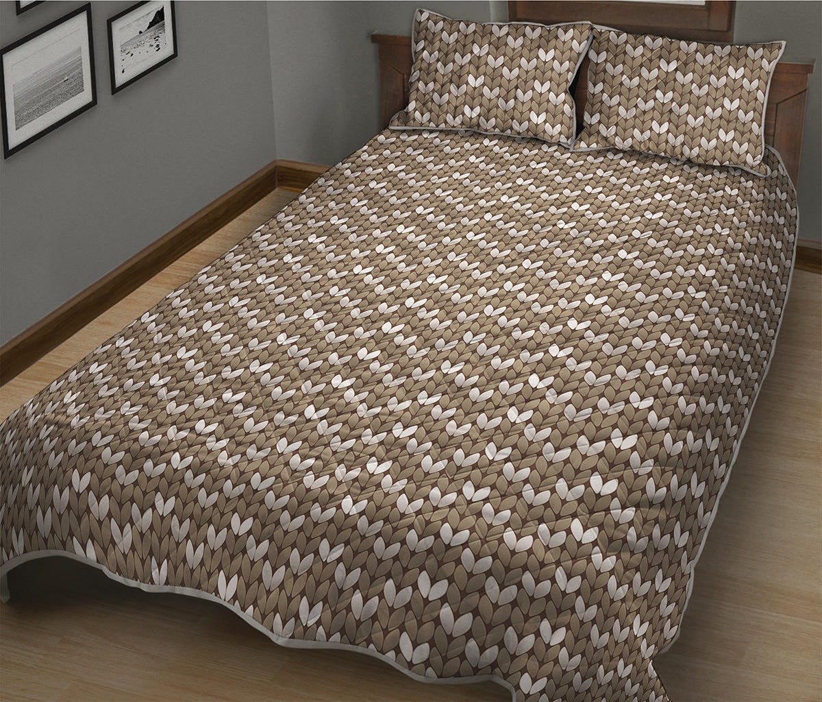 Beige And White Knitted Pattern Print Quilt Bed Set