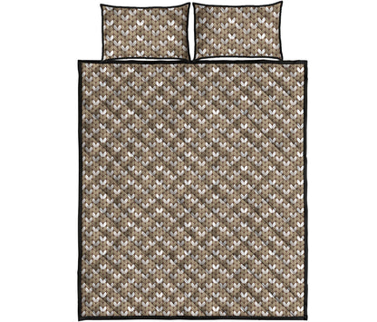 Beige And White Knitted Pattern Print Quilt Bed Set