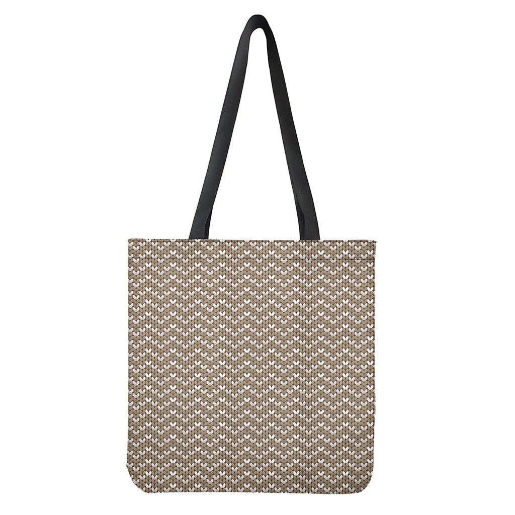 Beige And White Knitted Pattern Print Tote Bag