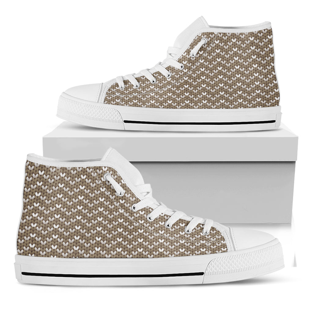 Beige And White Knitted Pattern Print White High Top Shoes