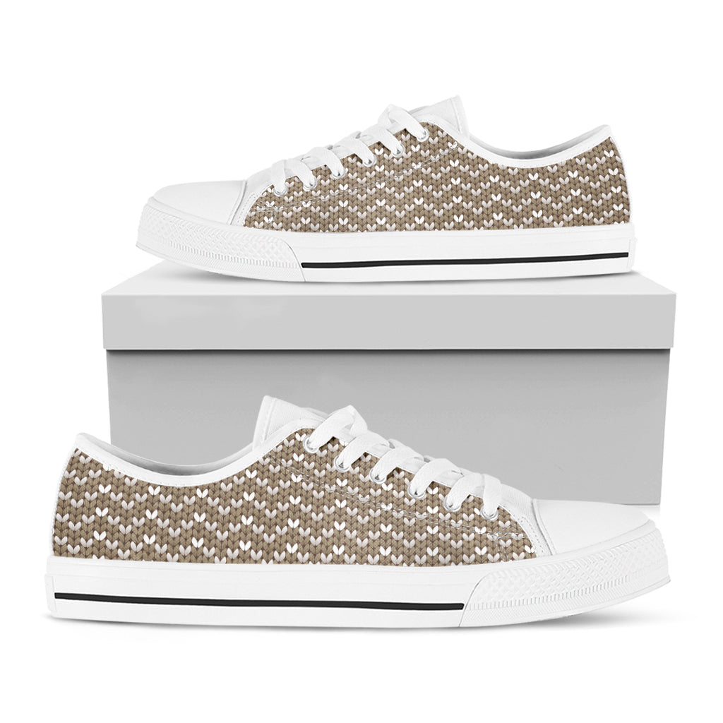 Beige And White Knitted Pattern Print White Low Top Shoes