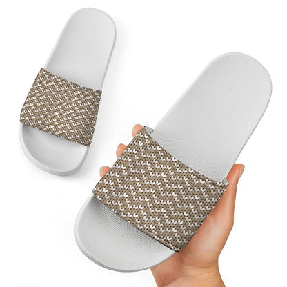 Beige And White Knitted Pattern Print White Slide Sandals
