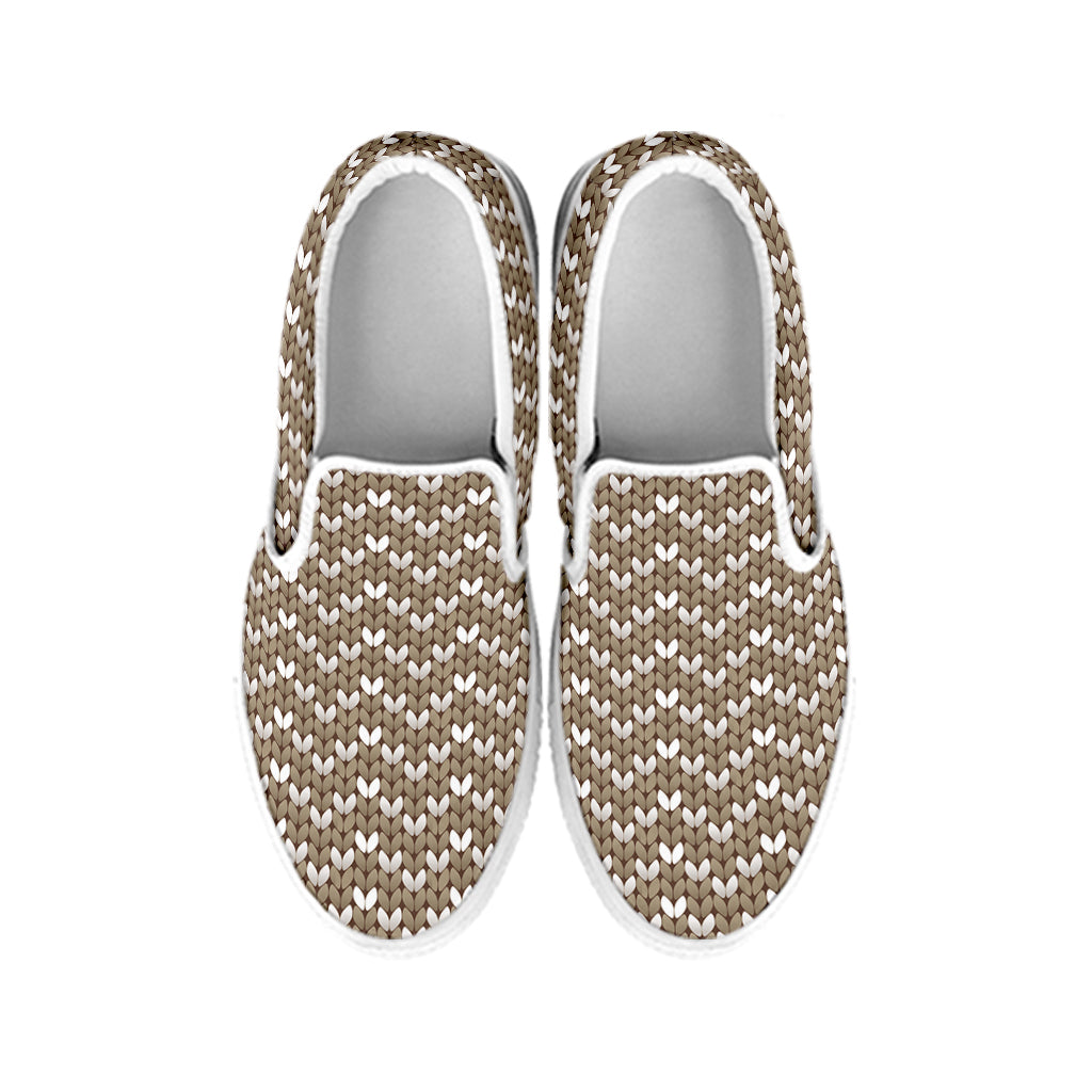 Beige And White Knitted Pattern Print White Slip On Shoes