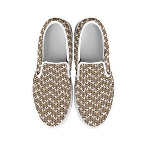 Beige And White Knitted Pattern Print White Slip On Shoes