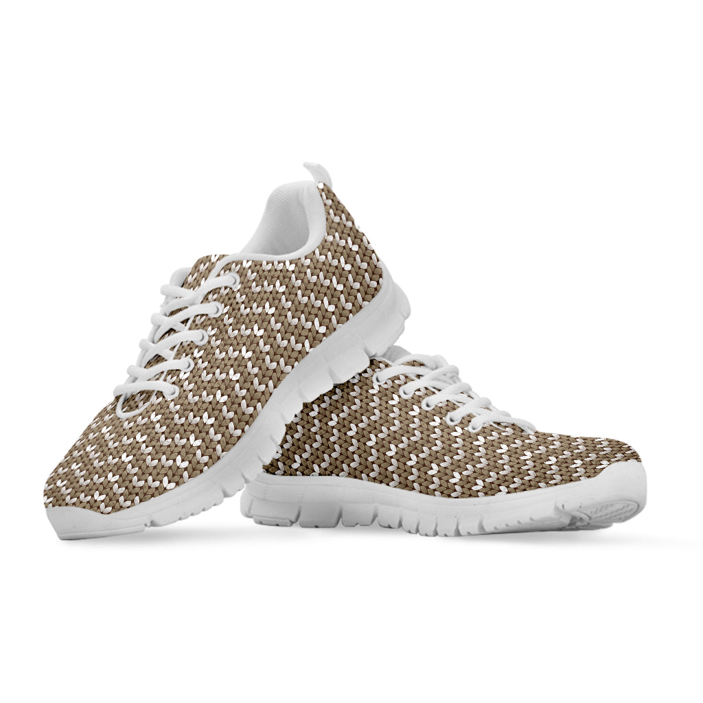 Beige And White Knitted Pattern Print White Sneakers