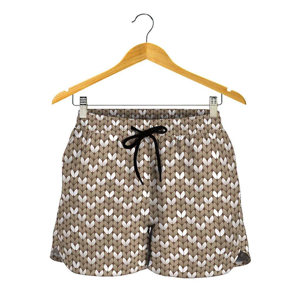 Beige And White Knitted Pattern Print Women's Shorts