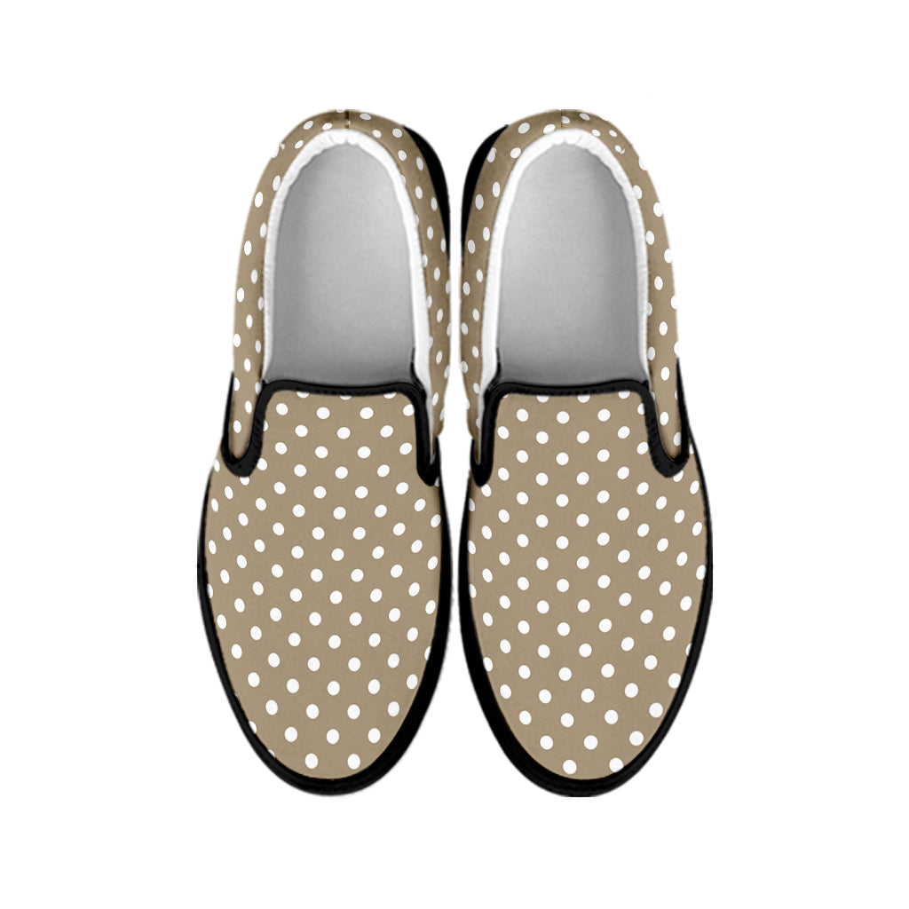 Beige And White Polka Dot Pattern Print Black Slip On Shoes